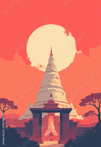 Sanchi Stupa ancient monument is depicted as perfect, massive creamcolored hemisphere stark red background stone gates are heavy black lines Utterly minimalist No text