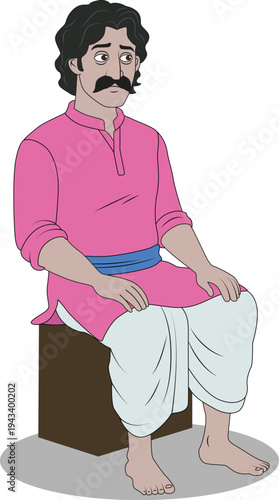 2D Cartoon Indian Man Sitting on Stool in Pink Kurta Dhoti Vector Illustration
