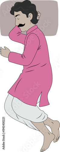 2D Cartoon Indian Man Sleeping Curled Up in Pink Kurta Vector Illustration