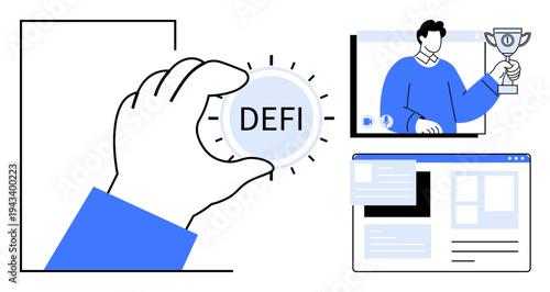 Hand grasping DEFI coin, man holding trophy on screen, and web interface highlight blockchain finance, digital assets, innovation, and DeFi success. Ideal for fintech, technology, investment