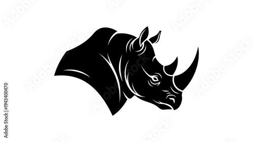 Striking black silhouette of majestic rhino head on white background