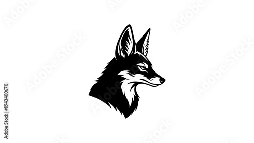 Detailed monochrome illustration of a fox in profile with large ears and piercing eyes