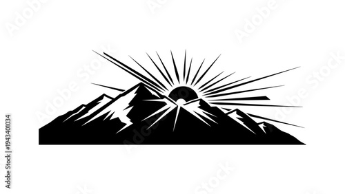 Black and white mountain silhouette with radiant sunrise