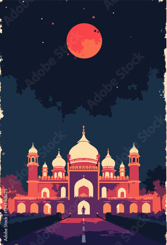 Mysore Palace countless arches domes are glowing stark cream against completely black night Symmetrical, authoritarian geometry Blank red space top