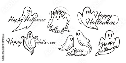 Multiple ghost sketches with handwritten Halloween text in simple line art on white background, concept of festive spooky decoration