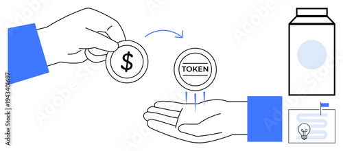 Token exchange concept. Digital tokens transferring from hand to hand signify asset conversions. Token applications in finance, cryptocurrency, technology, and investment systems