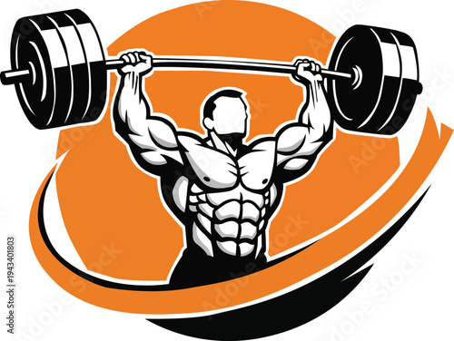 Muscular weightlifter raising a barbell with an orange circular background