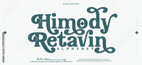 Himody Retaving Luxury wedding alphabet letters font with tails. Typography elegant classic serif fonts and number decorative vintage retro concept for logo branding. vector illustration