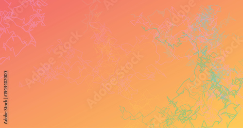 Soft gradient background with warm orange and pink hues featuring delicate pale turquoise and pink line art doodles and scribbles scattered across