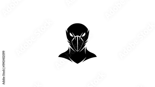 Heroic silhouette of mysterious masked figure in minimalist black and white design