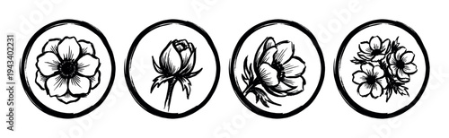 Set of four black floral icons with hand-drawn flower illustrations inside brushed circles, showcasing a minimalist, graphic, and artistic ink sketch style for design elements