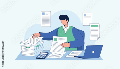 Man accountant sits at desk surrounded by documents and laptop for financial work