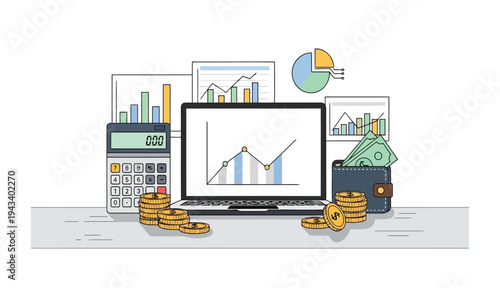 Accounting concept with laptop calculator and financial charts on wooden desk
