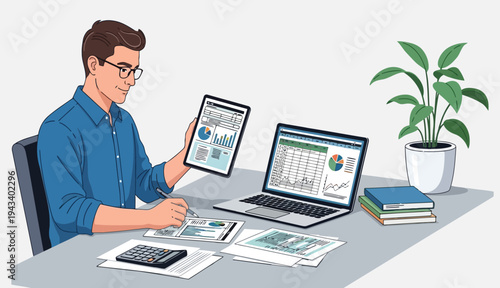 Business professional holding tablet and analyzing financial data at work desk