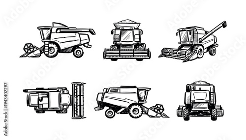 Set of six combine harvester illustrations in a hand-drawn sketch style, showing the agricultural machinery from various angles including front, side, and top views