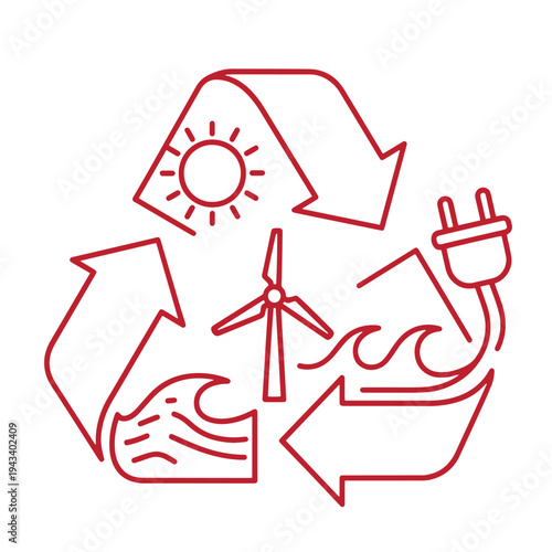 Recycling symbol with eco friendly elements like sun wind turbine and waves for sustainable energy and environment conservation  ecofriendly  sustainability