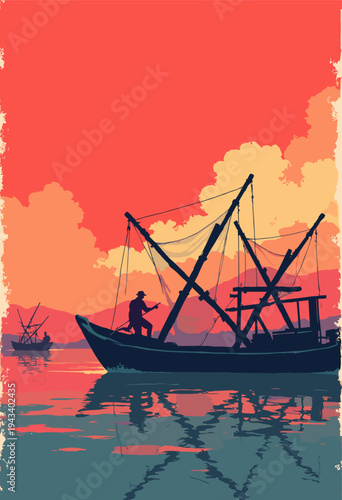 Chinese Fishing Nets, Kochi bamboo frames are illustrated as sharp, aggressive, angular black structures against burning red sky tribute to maritime labor No text
