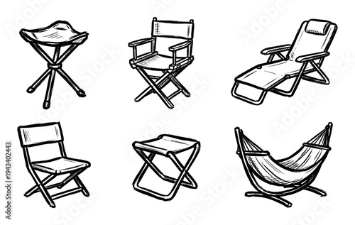 Set of hand-drawn camping furniture illustrations including a director's chair, lounge, stool, and hammock in a black and white sketch style for outdoor recreation