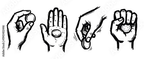 Set of four hand-drawn sketches showing different hand gestures with a single coin, including holding, flipping, offering on an open palm, and clenching in a fist