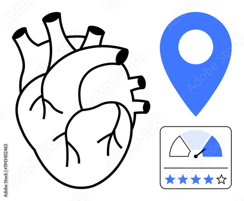 Geolocation concept. Illustration of anatomical heart with geolocation marker, star rating, and gauge icon geolocation, performance tracking, and review systems. Relevant for health, fitness apps