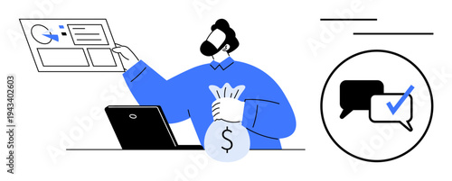 Person holding money bag while analyzing data on a screen, laptop in foreground. Speech bubble with checkmark on side. Ideal for finance, communication, teamwork, planning, business strategy