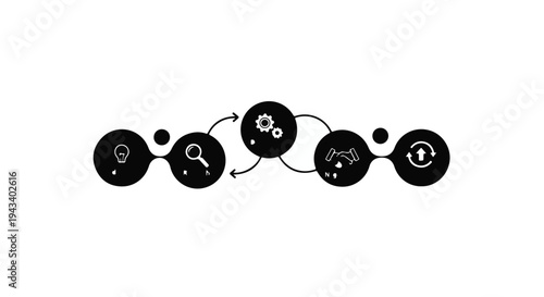 Business process workflow illustration with connected icons and arrows on white background for modern technology and innovation concept