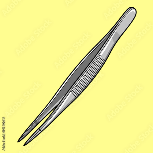 A sleek, metallic pair of tweezers isolated against a bright yellow background evokes precision, care, and meticulous detail, perfect for medical or t