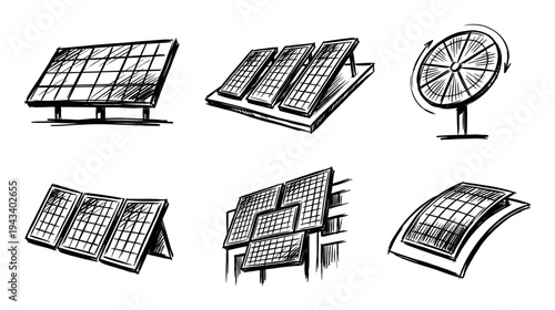 Hand-drawn black and white sketch set of solar panels and a wind turbine illustrating renewable energy sources and sustainable technology concepts in a simple doodle style