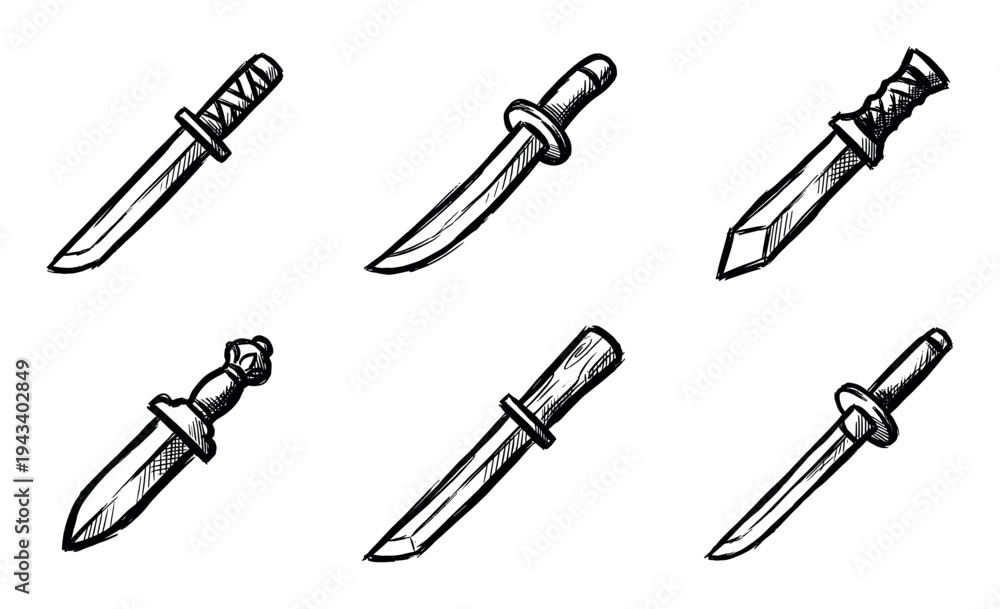 Naklejka premium Collection of six hand-drawn daggers and knives in a rough sketch style, showcasing various historical and fantasy blade designs with detailed ink line art illustrations