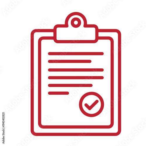 Red clipboard icon with checklist on white background  office supply symbol