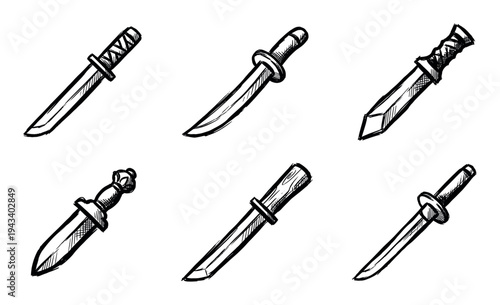Collection of six hand-drawn daggers and knives in a rough sketch style, showcasing various historical and fantasy blade designs with detailed ink line art illustrations