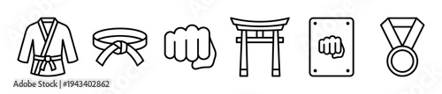 Set of martial arts line icons featuring a gi uniform, belt, fist, torii gate, and medal for combat sports concepts, presented in a clean minimalist black and white style