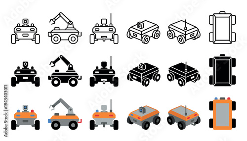 Set of robotic ground vehicle icons in line, glyph, and flat color styles, featuring rovers with manipulator arms, cameras, and antennas from different perspectives