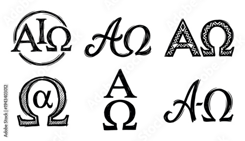 Set of six hand-drawn Alpha and Omega symbols in various calligraphic and sketch styles, representing the Christian religious concept of the beginning and the end