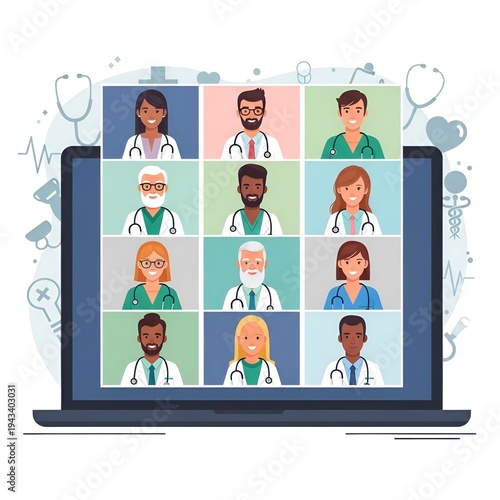Diverse group of medical professionals participates in a virtual conference call displayed on a laptop screen, representing remote healthcare collaboration and telehealth services.