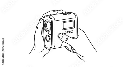 Hands holding a compact digital rangefinder for outdoor activities like golf or hunting