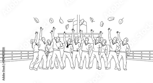 Group of Sailors Celebrating on Deck, Throwing Hats in the Air