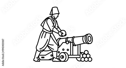Historical soldier loading cannon with cannonballs, vintage illustration