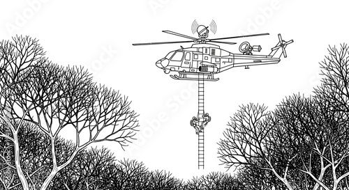 Helicopter with long line lifting equipment over forest trees, aerial view, black and white sketch