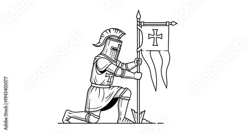Kneeling Knight with Crusader Flag, Medieval Warrior, Historical Illustration