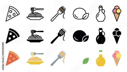 Set of Italian food icons presented in outline, solid glyph, and flat color styles, featuring pizza, spaghetti, mozzarella, olive oil, and gelato illustrations