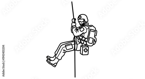Medic rappels down rope with medical bag, military rescue operation, emergency medical services