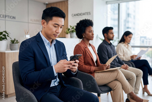 Multi ethnic candidates waiting in modern office room with smartphone