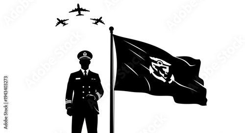Military Officer and Flag with Fighter Jets Flying Overhead