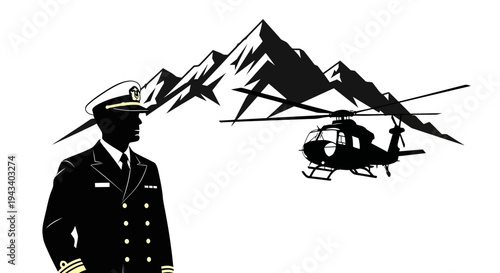 Military Officer and Helicopter Silhouette Against Mountain Background