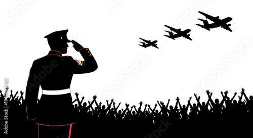 Military Parade: Soldier Salutes Air Force Jets Flying Over Cheering Crowd Silhouette