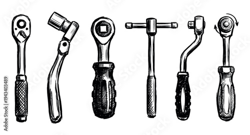 Hand-drawn sketch set of various ratchet wrenches and socket tools for mechanical repair, illustrated in a black and white doodle style with detailed cross-hatching