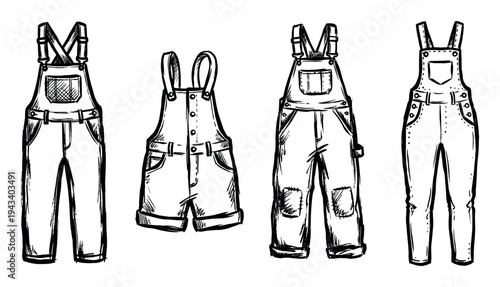 Set of four hand-drawn overalls in a black and white sketch style, featuring different designs like long pants, shortalls, and patched trousers for a rustic workwear theme