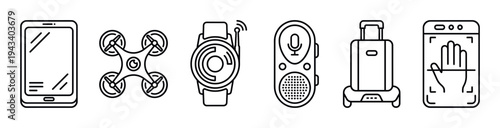 Collection of modern smart device icons in a minimalist outline style, showing a phone, drone, watch, monitor, suitcase, and a handprint scanner for security