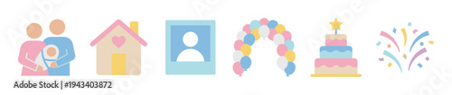 Set of pastel family celebration icons including parents with a newborn baby, a house, a photo, a balloon arch, a birthday cake, and confetti in a flat design style